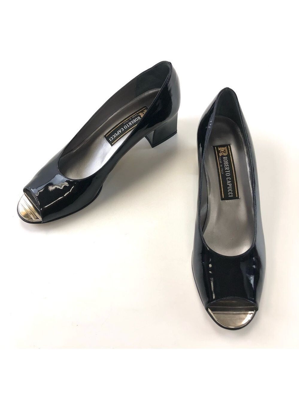 Roberto Capucci black patent peep toe shoes Size 8.5AA Classic